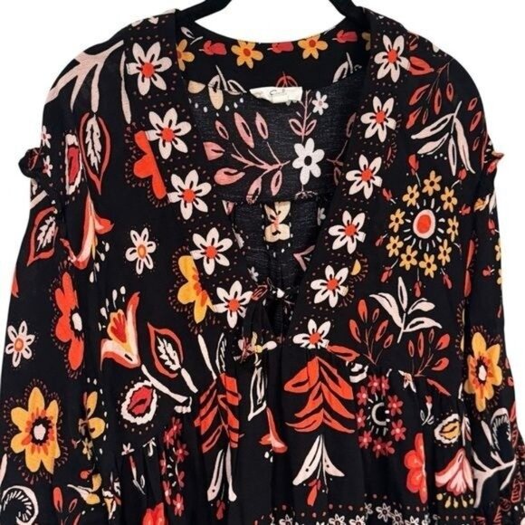 Easel Black and Floral V-Neck Babydoll Ruffle Blouse Boho Peasant Fall Holiday L - Picture 3 of 11